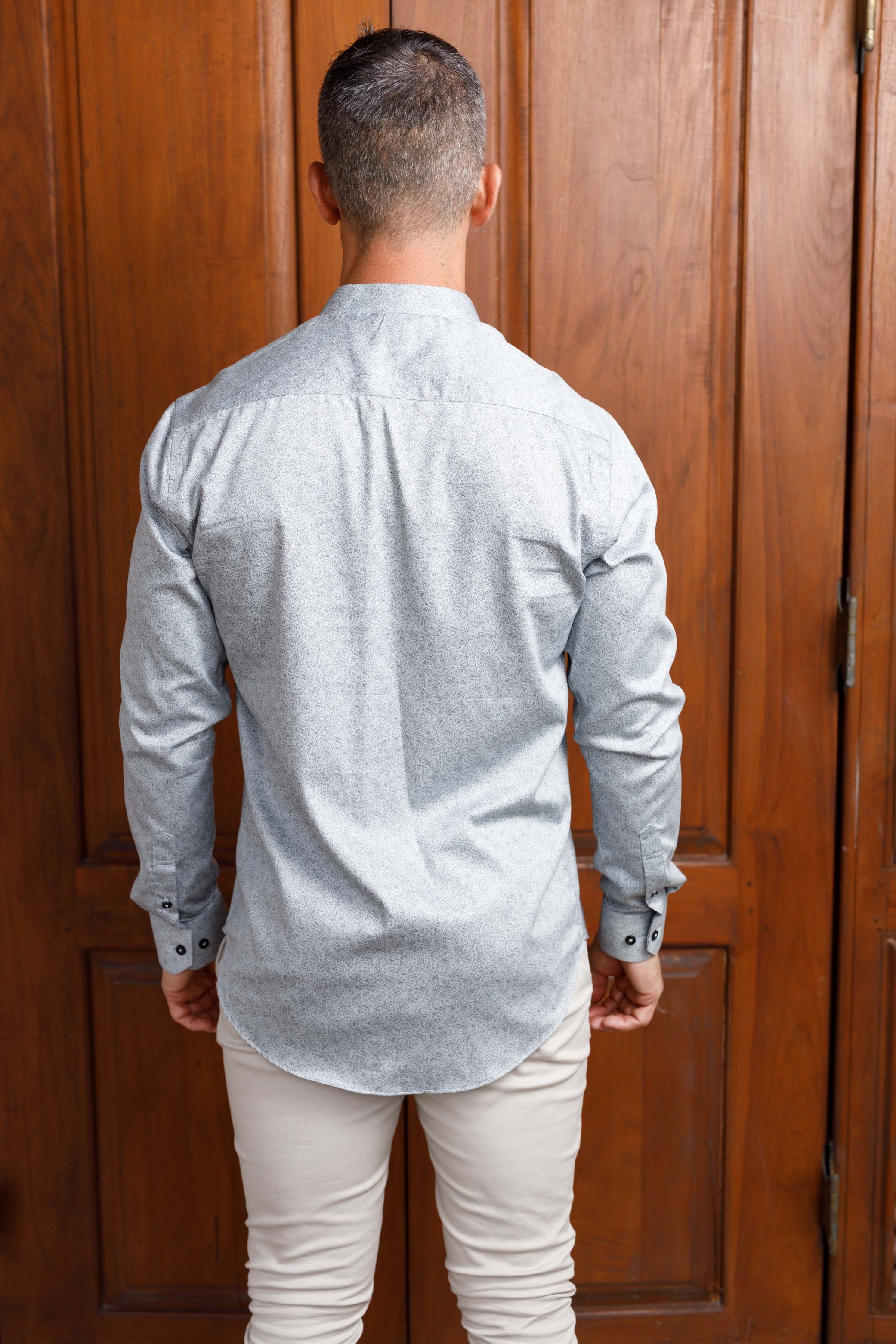 Grey Paisley Print Nehru Long Sleeve Shirt