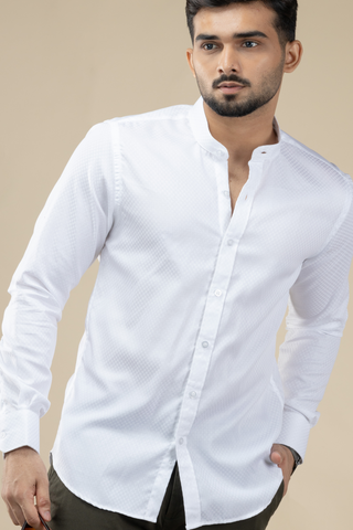 White Textured Nehru Long Sleeve Shirt