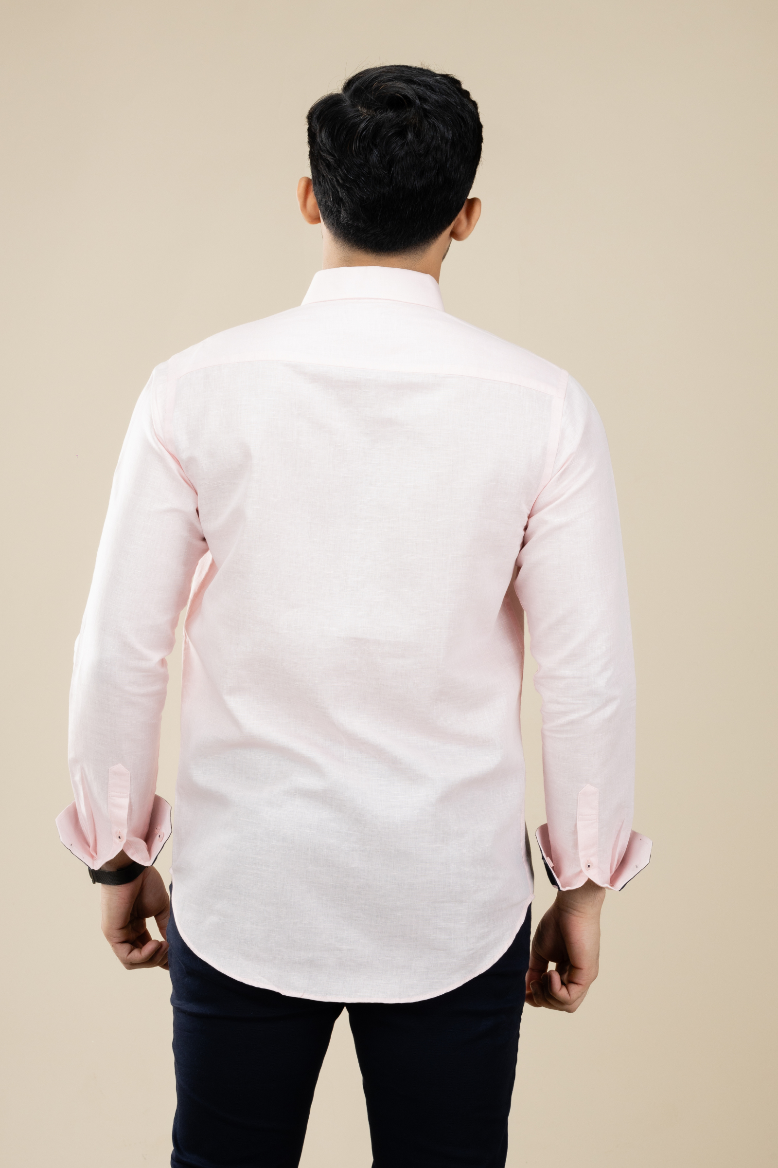 Baby Pink Linen Shirt with Inner Collar Cuff Contrast