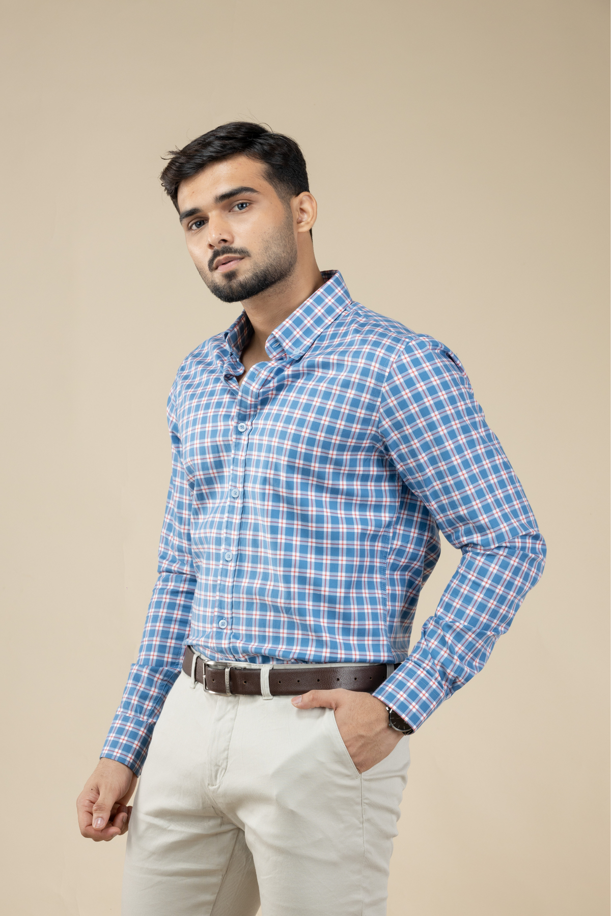 Blue & Red Checked Twill Long Sleeve Shirt