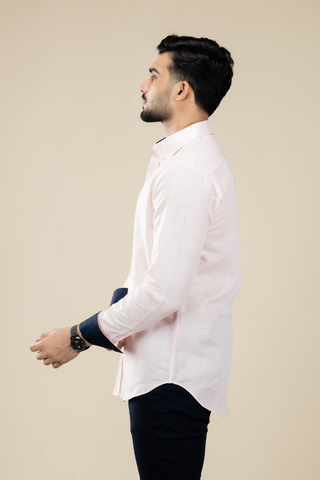 Baby Pink Linen Shirt with Inner Collar Cuff Contrast