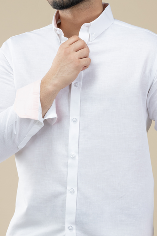 White Linen Shirt with Inner Collar Cuff Contrast