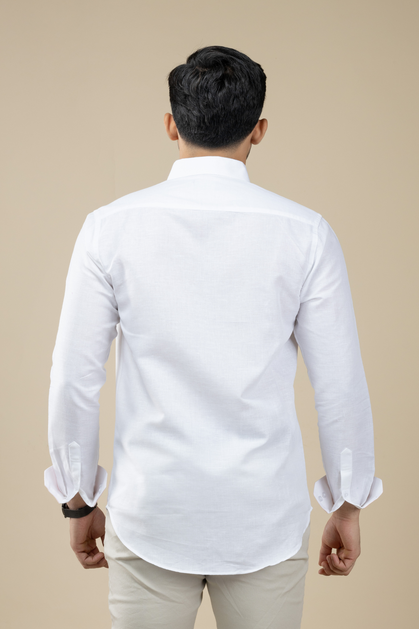 White Linen Shirt with Inner Collar Cuff Contrast