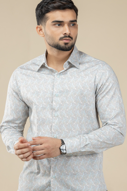 Beige & Blue Paisley Print Long Sleeve Shirt