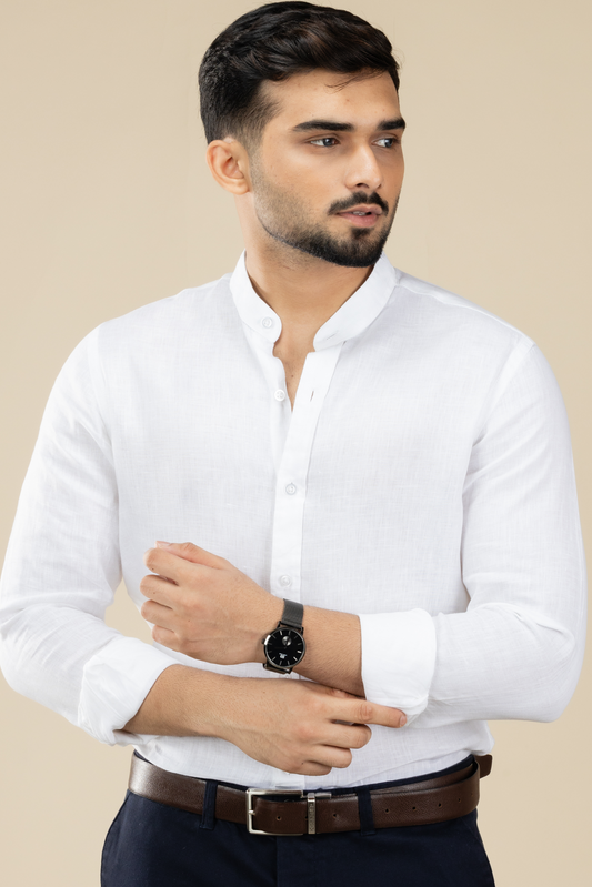 White Nehru Long Sleeve Linen Shirt