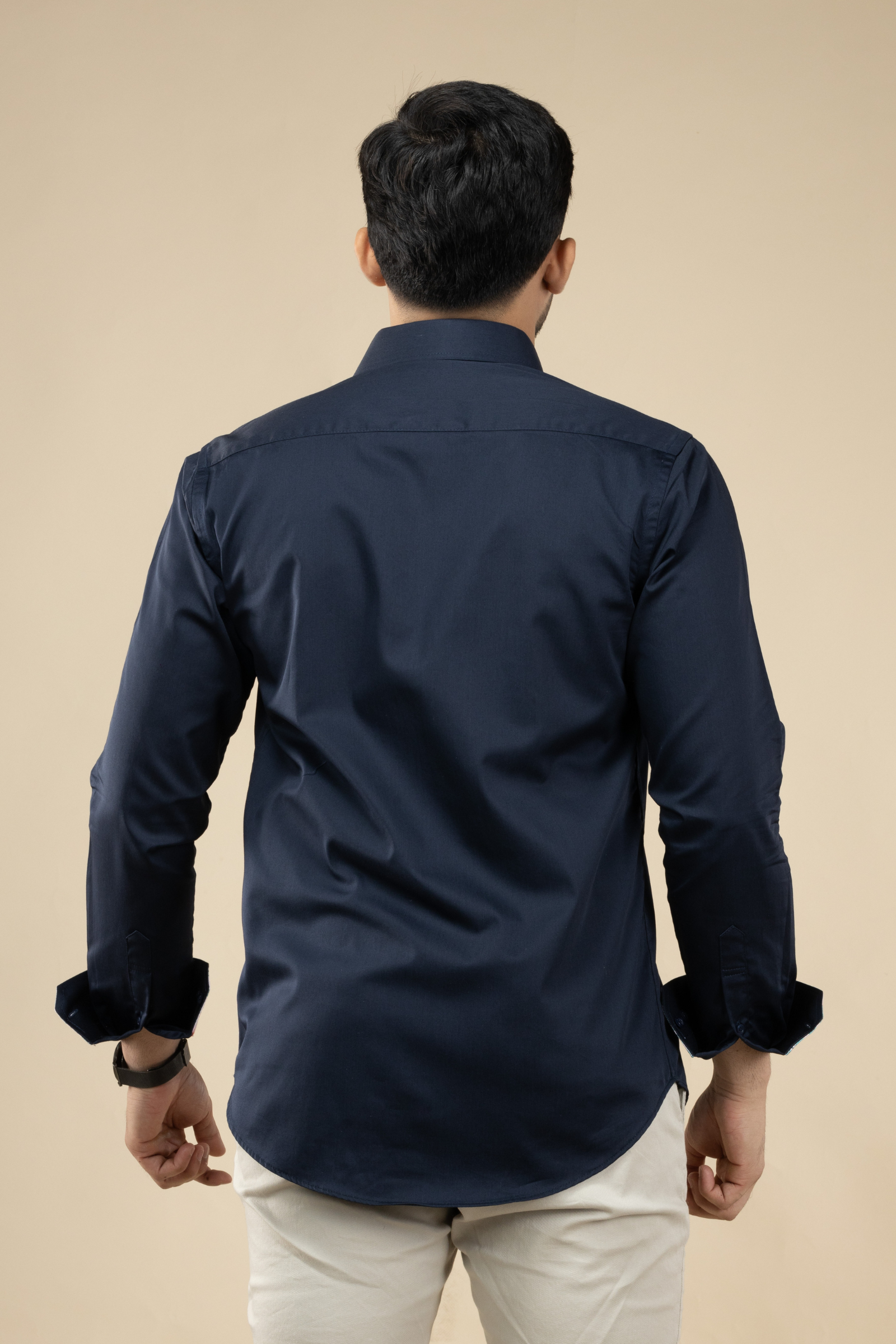 Navy Blue Satin Shirt with Inner Collar Cuff Contrast