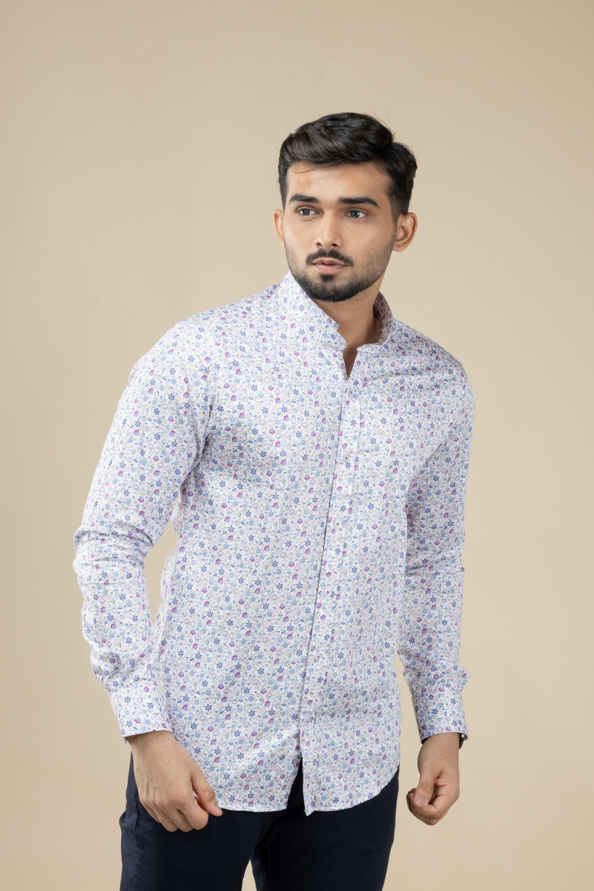 Beige & Blue Floral Print Nehru Shirt
