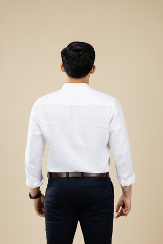 White Nehru Long Sleeve Linen Shirt