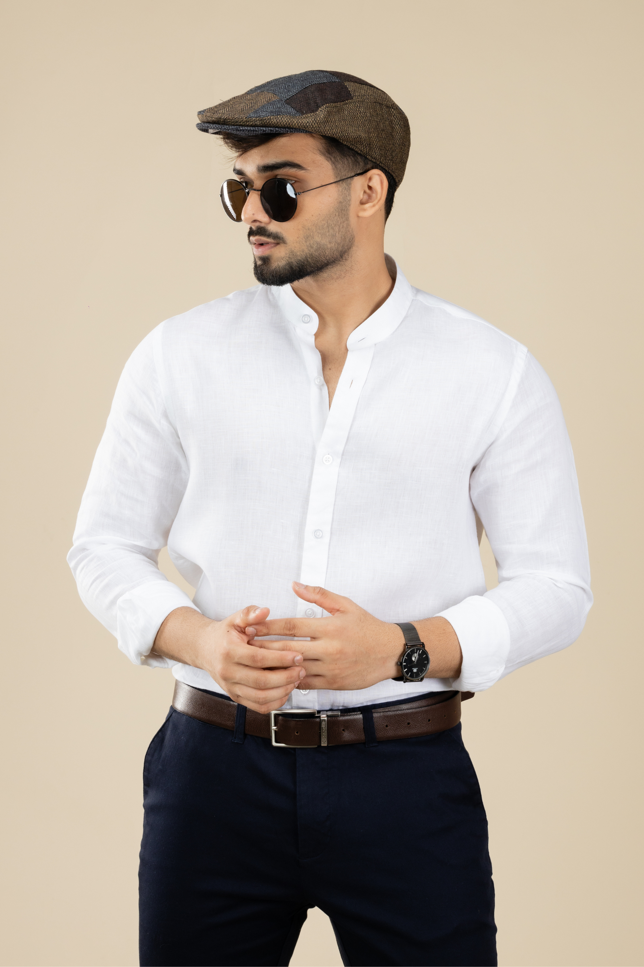 White Nehru Long Sleeve Linen Shirt