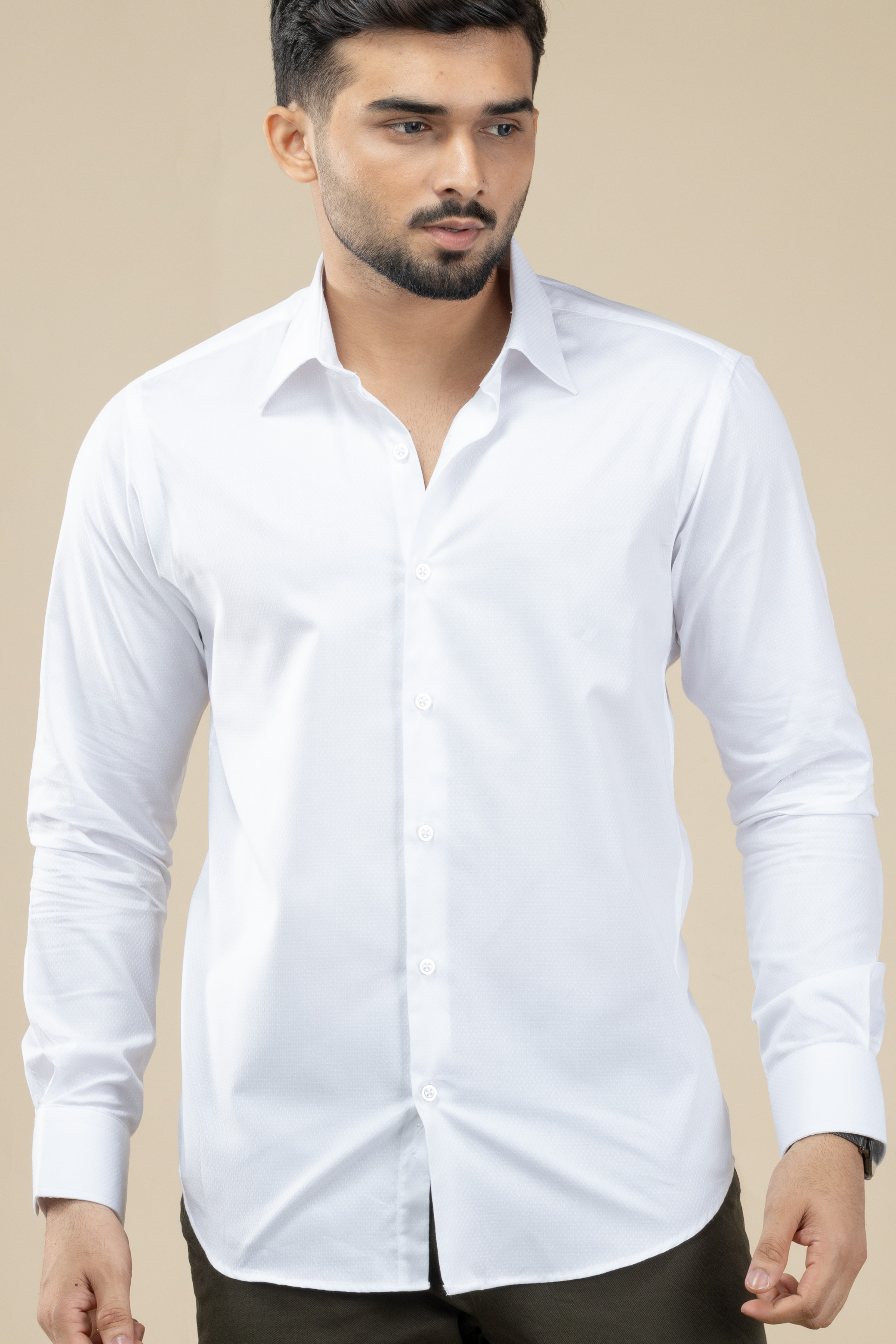 White Blended Cotton Textured Shirt