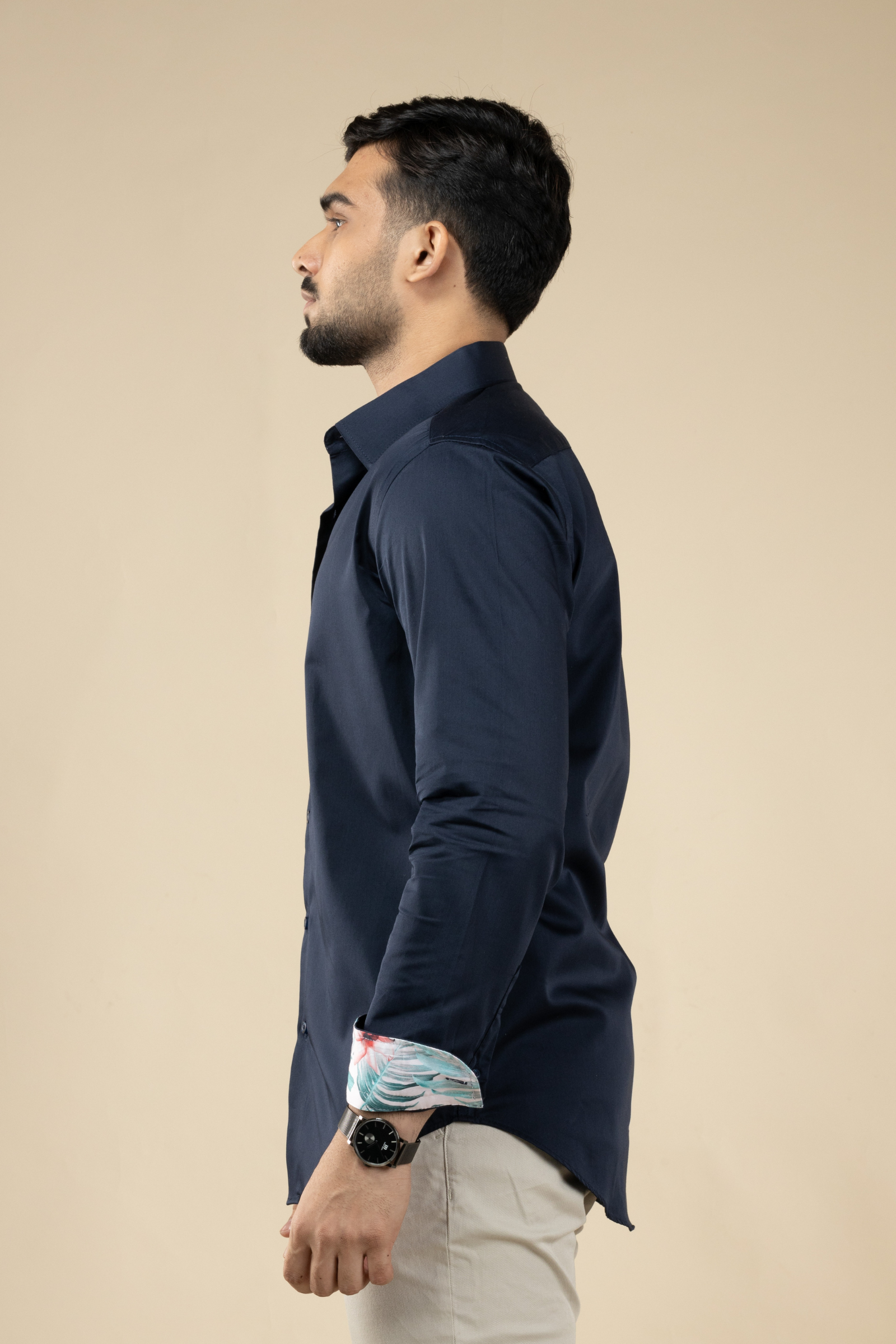 Navy Blue Satin Shirt with Inner Collar Cuff Contrast