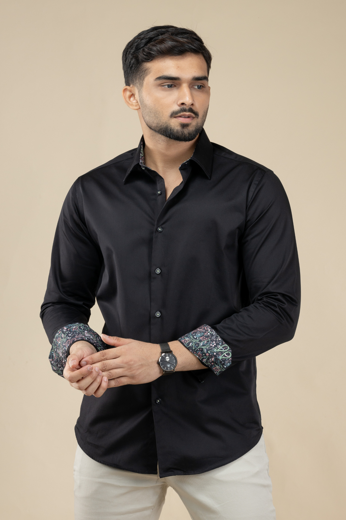 Black Satin Shirt with Inner Collar Cuff Contrast