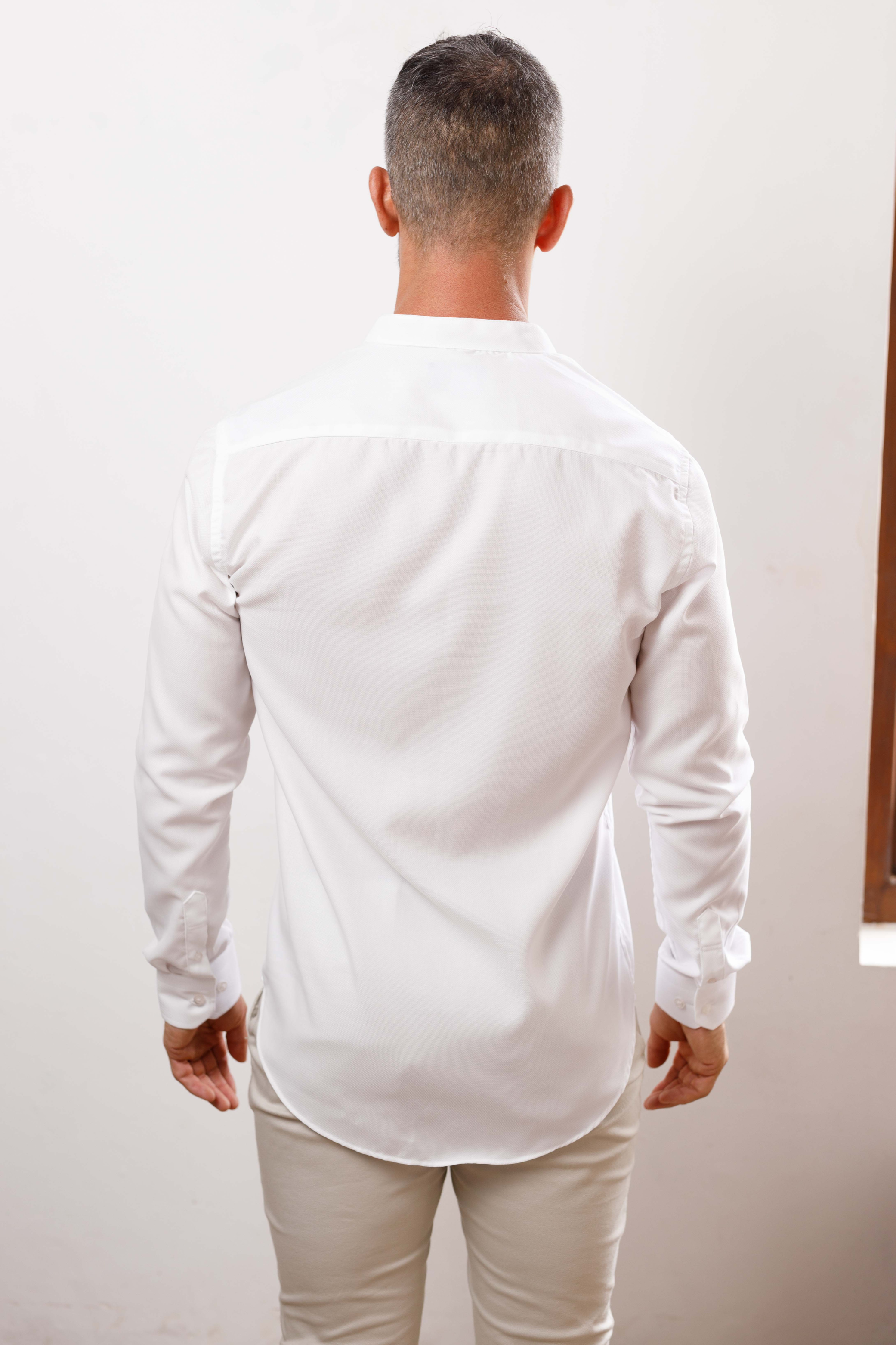 White Textured Nehru Long Sleeve Shirt