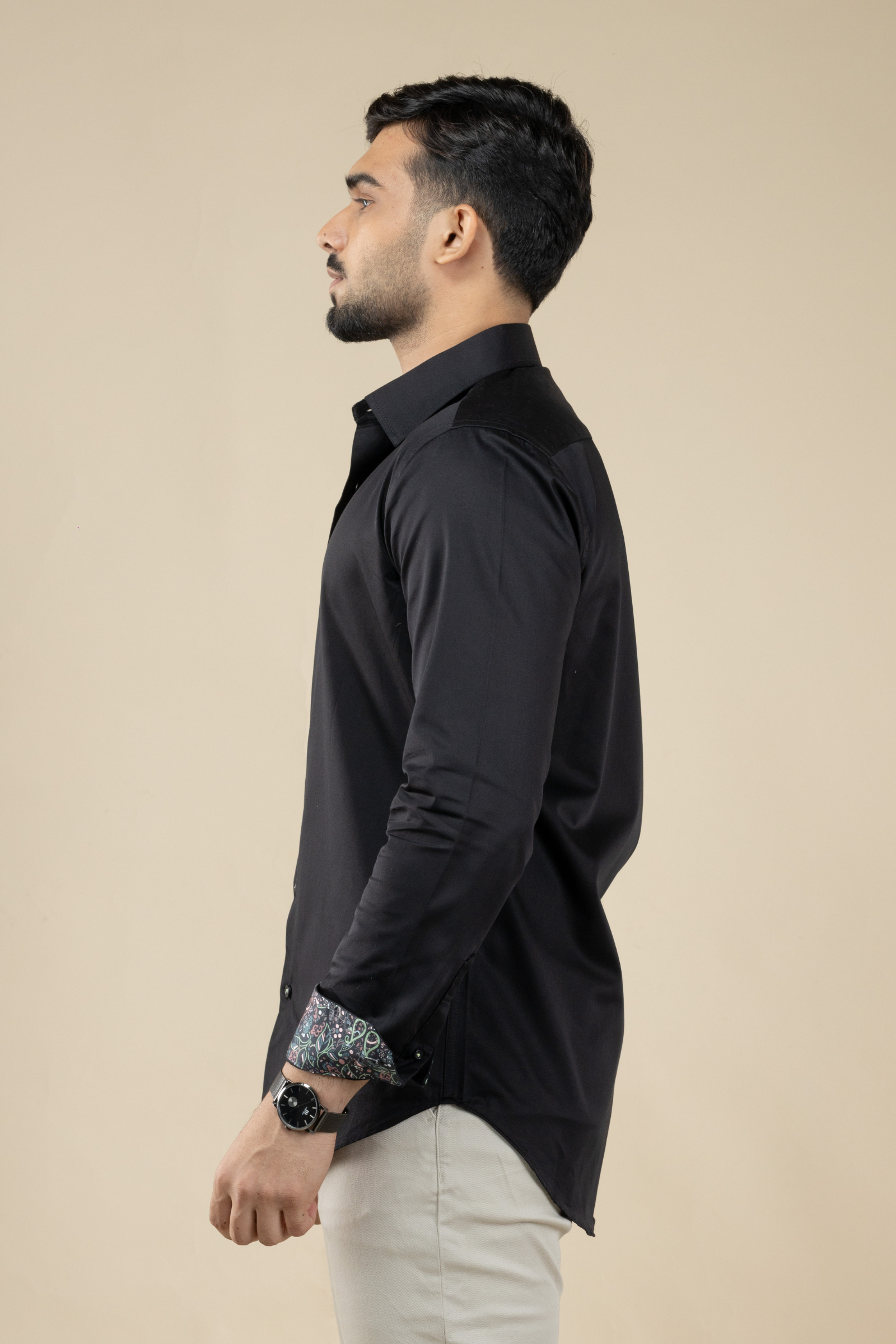 Black Satin Shirt with Inner Collar Cuff Contrast