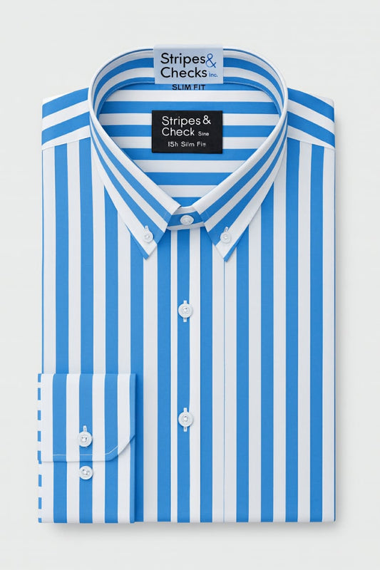 Mens Essentials - Blue Stripes Button Down Long Sleeve Shirt