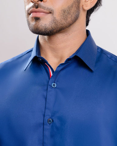 Navy Blue Satin casual long sleeve shirt with spread collar inner placket twill tape