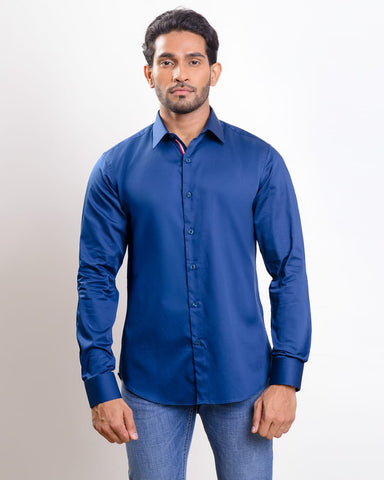 Navy Blue Satin casual long sleeve shirt with spread collar inner placket twill tape