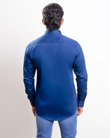 Navy Blue Satin casual long sleeve shirt with spread collar inner placket twill tape