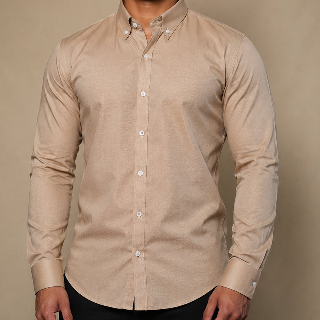 Deep Tone - Beige Button Down Long Sleeve Shirt